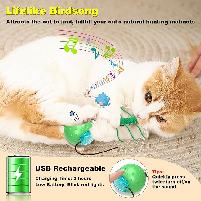 Interactive Cat Toys for Indoor Cats, Moving Cat Ball with Tail, Fast Rolling on Carpet, Chirping & Motion Activate Toy for Bored Indoor Adult Cats-Mewly Pet