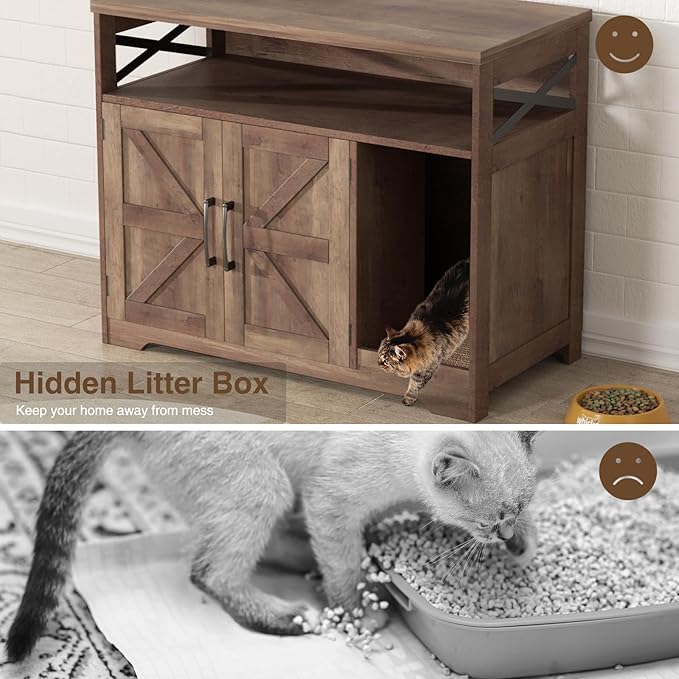 Cat Litter Box Enclosure, Hidden Litter Box Furniture with Scratch Pad, Farmhouse Indoor Cat House Washroom End Table, Retro Brown-Mewly Pet