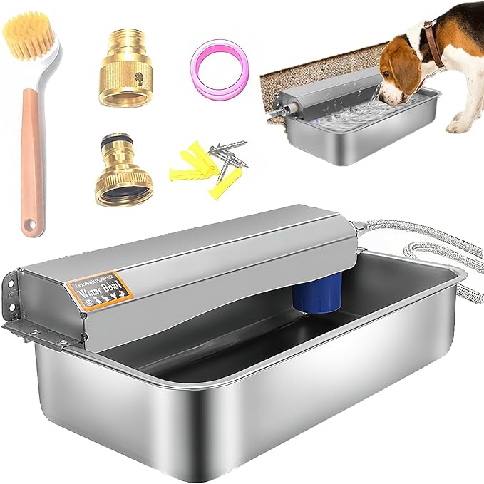 6L Automatic Dog Water Dispenser Bowl for Large Dogs, 304 Stainless Steel Wall Mounted Pet Waterer with Float Valve, Self-Filling Outdoor Water Trough for Pets/Livestock-Mewly Pet
