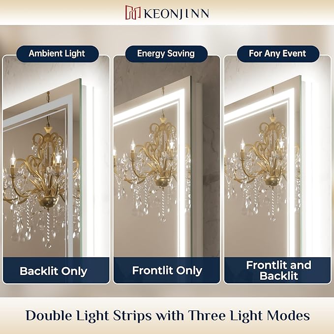 Keonjinn Led Bathroom Mirror with Lights, 36" x 36" Frontlit and Backlight, Stepless 3 Colors Temperature & Dimmable Wall Mirror, UL Listed LED Driver, Double LED Strips Tempered Glass Lighted Mirror