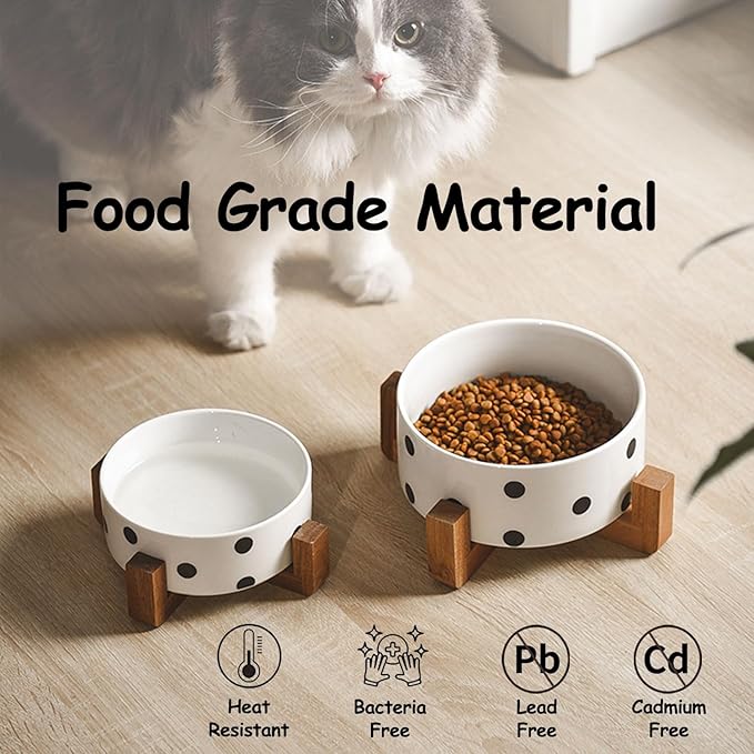 Petygooing Ceramic Dog Bowl Set with Stand - Cat & Dog Food and Water Bowl, Medium Size - Anti-Slip, 28 OZ / 3.6 Cups, Black Dot-Mewly Pet