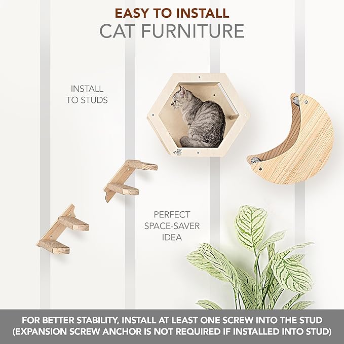 3-Piece Cat Wall Furniture Set - Hammock, Hexagon House, Climbing Steps - Wall Mounted Shelves, Perches, and Beds - Modern Design for Large Cats and Kittens & Spare Hammock Fabric Included-Mewly Pet