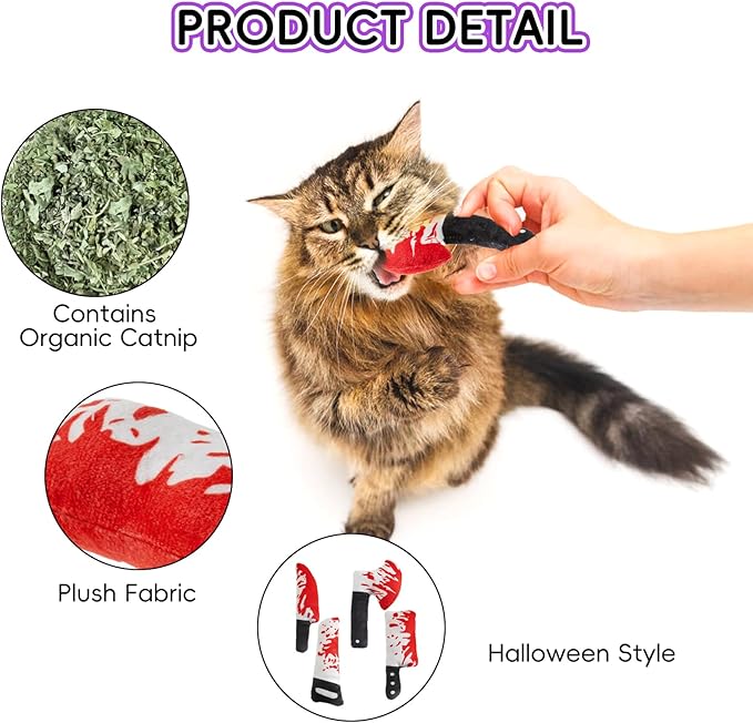 8pcs Catnip Toy, Indoor Knife Shaped Cat Toy Horror Plush Interactive Chew Bite Toys for Halloween Christmas Cat Kitten Indoor Festive Holiday Cat Lover Gift-Mewly Pet