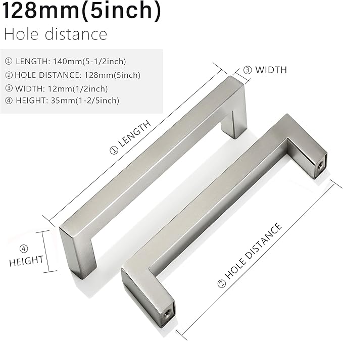 Cabinet Pulls Brushed Nickel Cabinet Handles Square Drawer Pulls, 10 Pack 5 Inch Stainless Steel Kitchen Door Cupboard Cabinet Handles, Cabinet Hardware Drawer Handles, 128mm Hole Centers