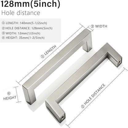 Cabinet Pulls Brushed Nickel Cabinet Handles Square Drawer Pulls, 30 Pack 5 Inch Stainless Steel Kitchen Door Cupboard Cabinet Handles, Cabinet Hardware Drawer Handles, 128mm Hole Centers