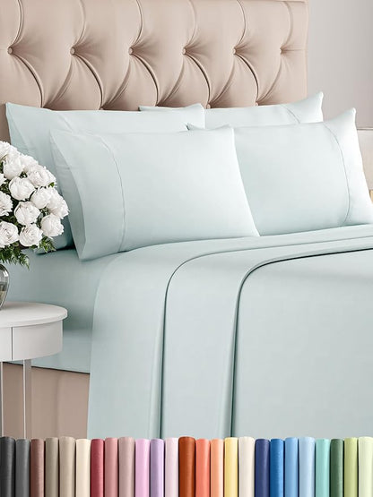 Queen Sheets Set 6 Piece - Bed Sheets Queen Size - Soft Hotel Luxury Bedding - Cooling, Comfy & Breathable - 1 Flat, 1 Fitted & 4 Pillowcases w/ Deep Pockets - Wrinkle Resistant & Fade Free - Ice Blue
