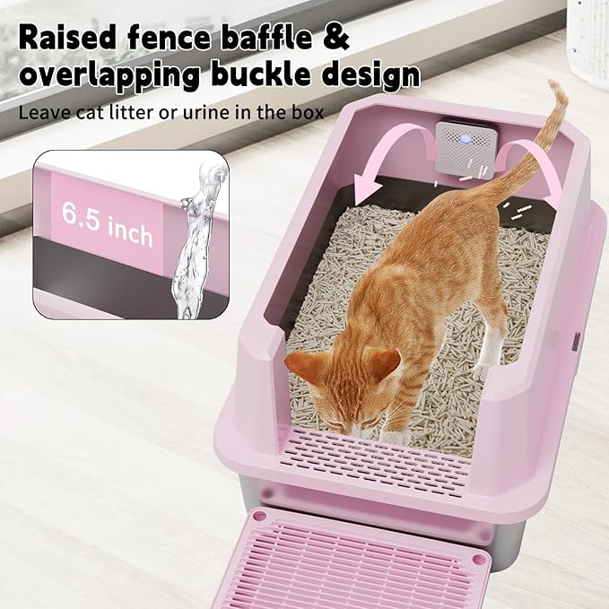 RIZZARI Stainless Steel Cat Litter Box, Semi-Closed Litter Box with High Edges, Large Odorless Litter Pan with for Small to Large Cats (Pink with Deodorizer, 2 Pack)-Mewly Pet