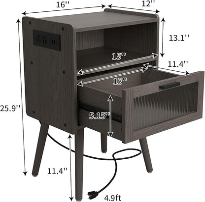 Mid Century Modern Nightstand with Charging Station, Bedside Tables with Glass Drawer, End Table Side Table with 2 Tiers Storage Space, for Bedroom, Living Room, Dark Grey