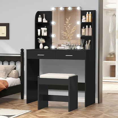 usikey Vanity Desk with Mirror & Lights, Makeup Vanity Table with 2 Large Drawers, 6 Storage Shelves & Stool, Bedroom Dressing Vanity Table with 3 Color Light Adjustable, Black