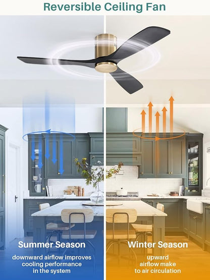 Sofucor 52 Inch Solid Wood Ceiling Fan Without Lights Flush Mount Ceiling Fans with Remote Control-Wood Blades Modern Outdoor Ceiling Fan No Light for Bedroom/Farmhouse/Patio/Indoor, Black Gold