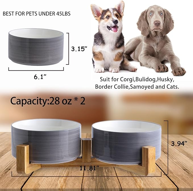 Petygooing Dog Bowls,Ceramic Cat Dog Bowl Set with Wood Stand for Food and Water,Non-Slip Weighted Cute Pet Dish Set for Cats and Medium Size Dogs (28OZ/6.1 in) Grey White-Mewly Pet