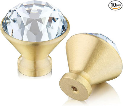 QOGRISUN 10-Pack Brass Crystal Cabinet Knobs,Glass Crystal Gold Drawer Knobs,1-1/4-Inch Diamond, Decorative Dresser Pulls, Modern Cabinet Hardware