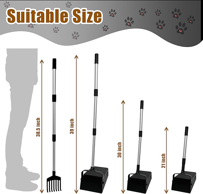 Pooper Scooper Metal 38" Long Adjustable Handle Swivel Bin & Rake for Large & Small Dogs Non-Breakable Dog Poop Scooper Easy to Clean Pet Waste Use on Grass, with 20 Waste Bags-Mewly Pet