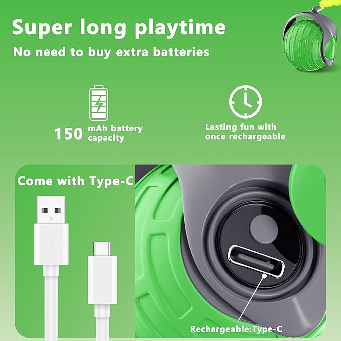 Cat Toys,Interactive Cat Toys Ball for Bored Indoor Cat,Automatic Rolling,Drop Resistant and Obstacle Avoidance,2 Modes Adjustment,Fluffy Tail and USB Type-C Rechargeable（Green）-Mewly Pet