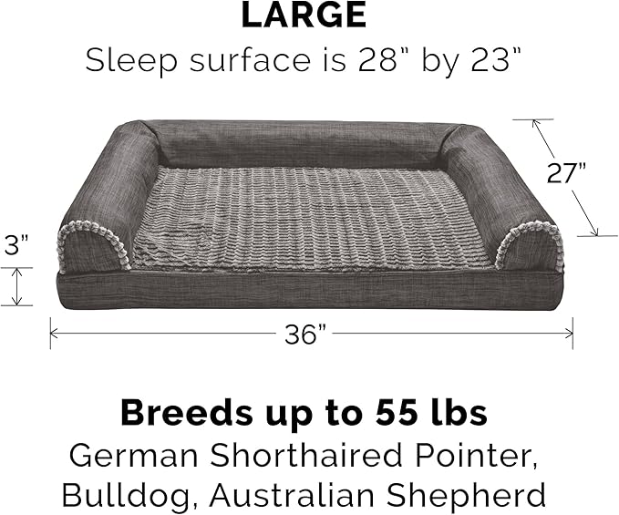 Furhaven Cooling Gel Dog Bed for Large/Medium Dogs w/ Removable Bolsters & Washable Cover, For Dogs Up to 55 lbs - Luxe Faux Fur & Performance Linen Sofa - Charcoal, Large-Mewly Pet