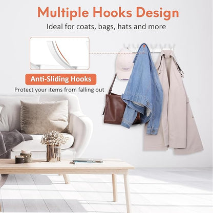 Coat Rack Wall Mount, Coat Hook Wall Mount, Wall Hooks for Hanging, Hat Rack for Walls, Coats Hanger with 12 Hook, Towel Hooks for Bathrooms (2 Pack, White)