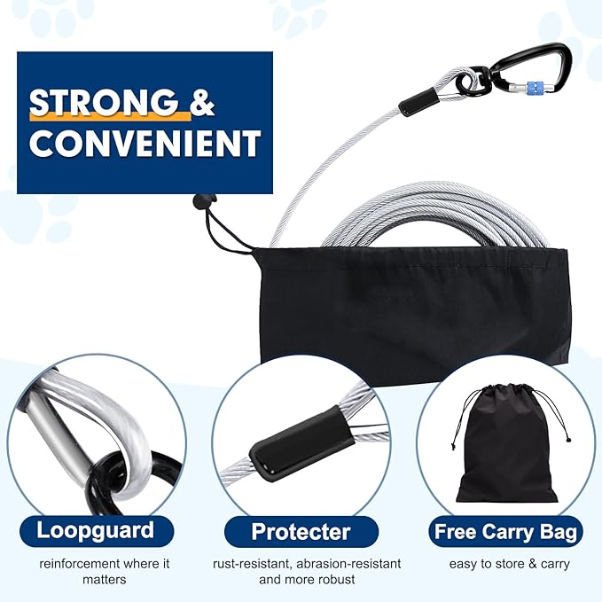 Snagle Paw Heavy Duty Tie Out Cable for Yard - 70FT-1000LBS, Chew Proof for Medium Large Dogs with Swivel, Lockable Hook, Spring-Mewly Pet