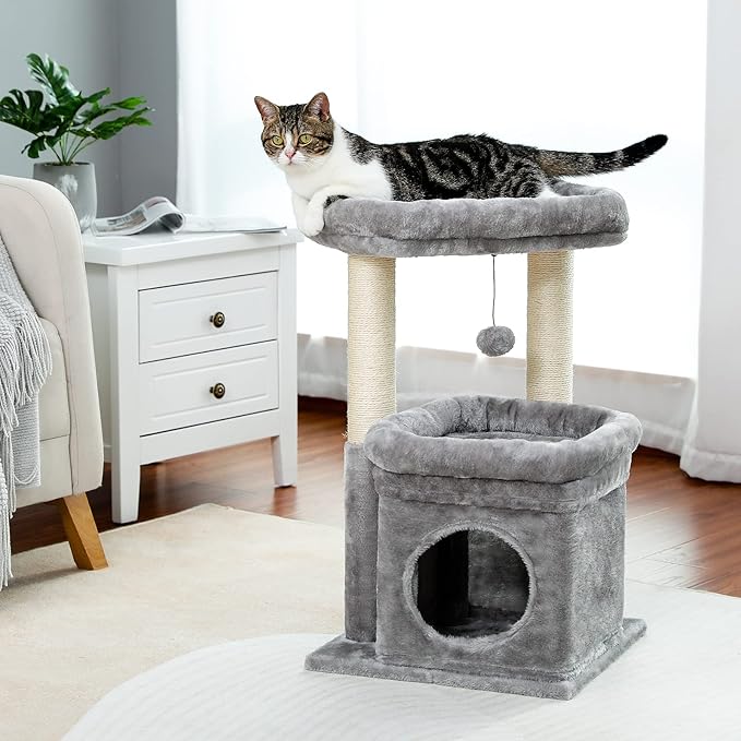 PEQULTI Cat Tree Tower for Indoor Cats with Private Cozy Cat Condo, Natural Sisal Scratching Posts and Plush Pom-pom for Small Cats-Mewly Pet