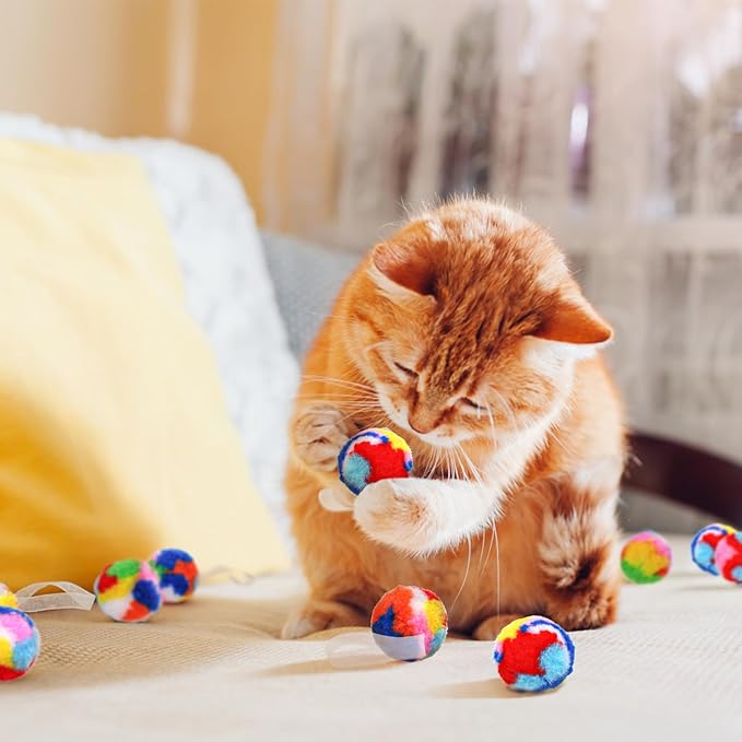 Nicunom 60 PCS Cat Pom Pom Balls, 1.7Inch Rainbow Cat Toy Balls, Soft Plush Cat Ball Fuzzy Kitty Balls Colorful Kitten Puff Balls Cat Chase Ball for Kitten Pet Interactive Playing Exercising-Mewly Pet