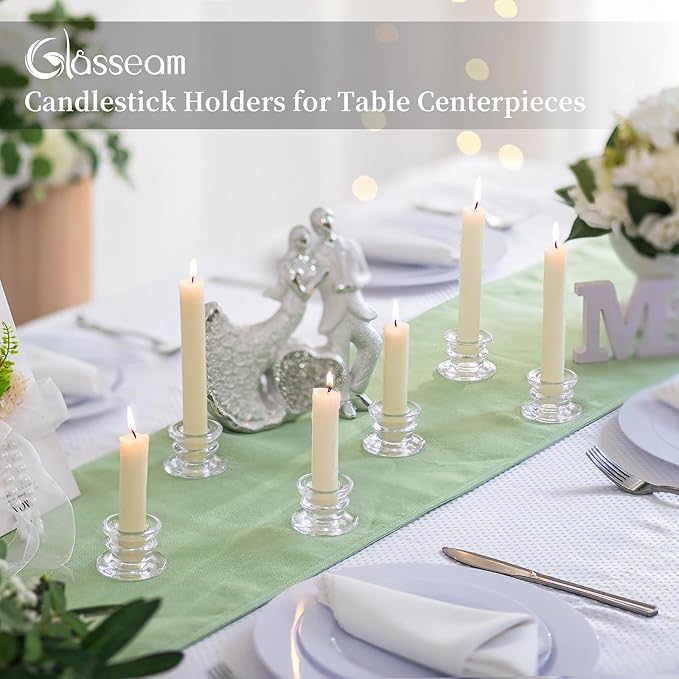 Glasseam Taper Candle Holders Bulk: 10pcs Glass Candle Sticks Holder Decor Clear Short Small Candlestick Holders Modern for Table Centerpiece Wedding Christmas Dinner Party