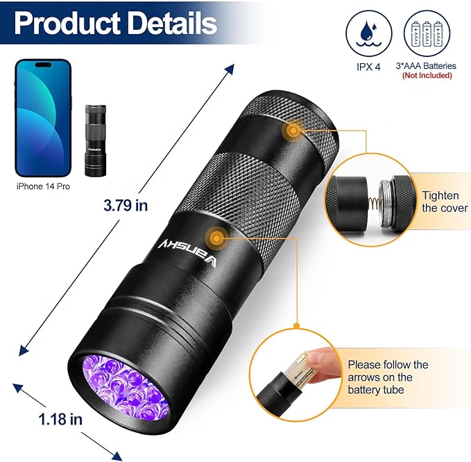 Black Light UV Light Flashlight: Vansky 395nm 12 LED 2 Pack Ultraviolet Blacklight Flashlight Mini Powerful Pet Urine Detector for Dog/Cat, Carpet Dry Stains Detection, Spot Scorpions, Resin Curing-Mewly Pet