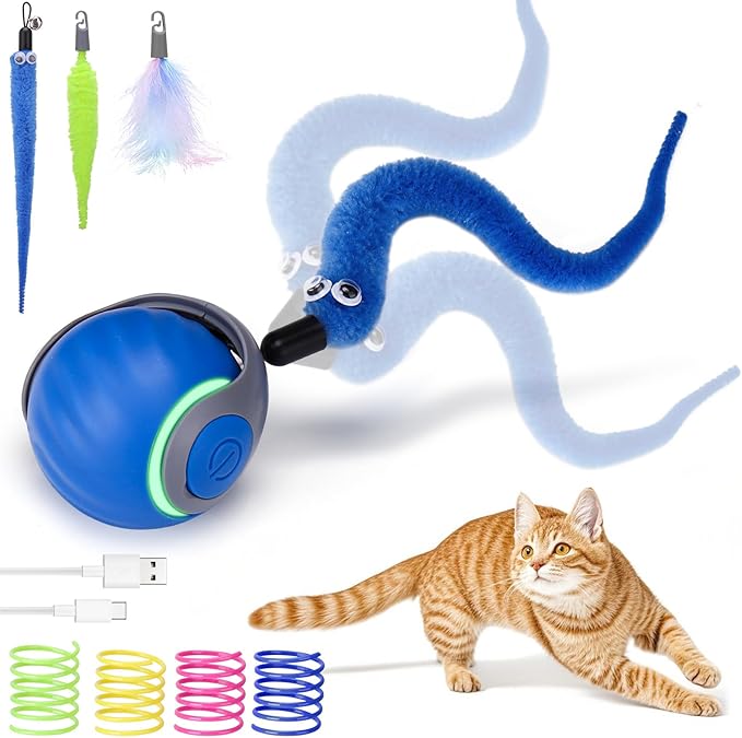 AIERSA Interactive Cat Toys for Indoor Adult Cats, Automatic Self-Play Cat Ball Toy for Kitten to Keep Them Busy, Electric Speed Tail Moving Cat Toy with 3 Tails and 4 Springs (Blue)-Mewly Pet