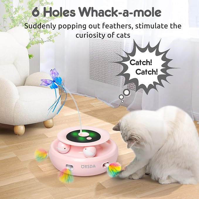 ORSDA Cat Toy, 3-in-1 Automatic Interactive Electronic Moving Ambush Feather, Fluttering Butterfly, Track Balls, USB Rechargeable Powered Smart Indoor Exercise Kicker-Mewly Pet