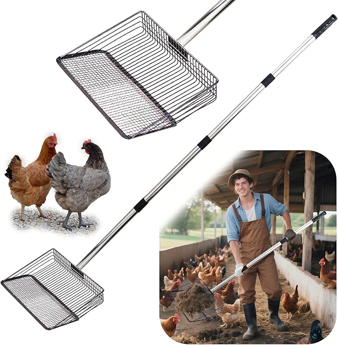 Chicken Poop Scooper - 54-Inch Long Handle Chicken Coop Cleaner, 10-Inch Wide Metal Waste Scooper for Poultry, Rabbit Hutch & Pet Cages-Mewly Pet