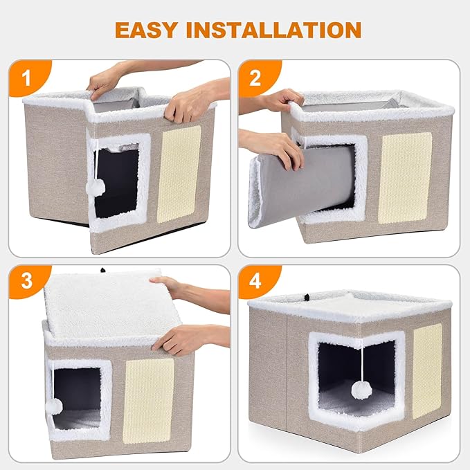 petizer Cat Bed for Indoor Cats, Large Covered Cat House with Scratch Pad, Foldable Cat Cave Bed & Hideaway Cube with Reversible Cushions, Cute Cat Condo for Multi Small Pet Kitten (Khaki)-Mewly Pet