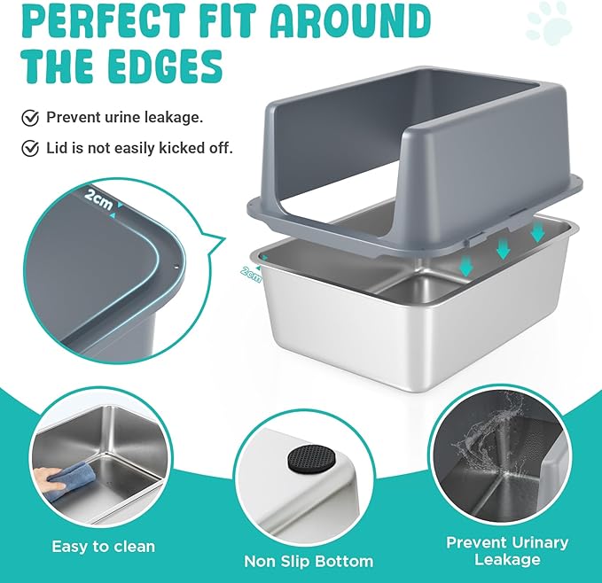Litter Box with Lid, Stainless Steel Litter Box, 12" Metal Litter Pan High Sides, Small Litter Tray for Kittens, Cat Litter Tray Covered Grey, Easy Clean-Mewly Pet