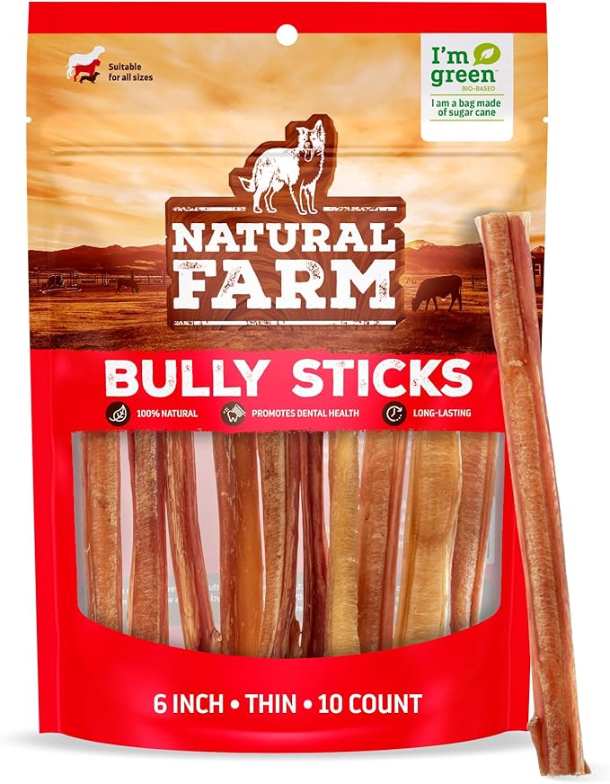 Natural Farm Odor-Free Thin Bully Sticks (6”, 10-Pack) All-Natural Long-Lasting Dog Chews, 100% Beef Pizzle, Grass-Fed, Grain-Free, Protein for Muscle Development & Energy, Perfect for Medium Chewers-Mewly Pet