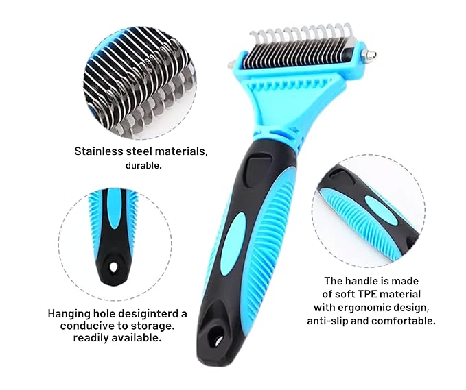 3-in 1 Dog & Cat Grooming Supplies- Self-cleaning Slicker Brush, Deshedding Rake Comb, And Finger Toothbrush For Dogs & Cats | Perfect For Pet Grooming Kit, Dematting And Dental Tool (blue)-Mewly Pet