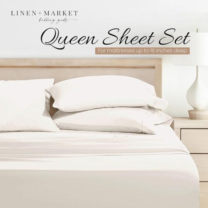 Linen Market Double-Brushed Microfiber Queen Sheet Set 4 Piece – Oeko-TEX Certified Ultra Soft & Wrinkle-Free - 16" Deep Pocket Sheets - Easy Care Queen Size - Ivory