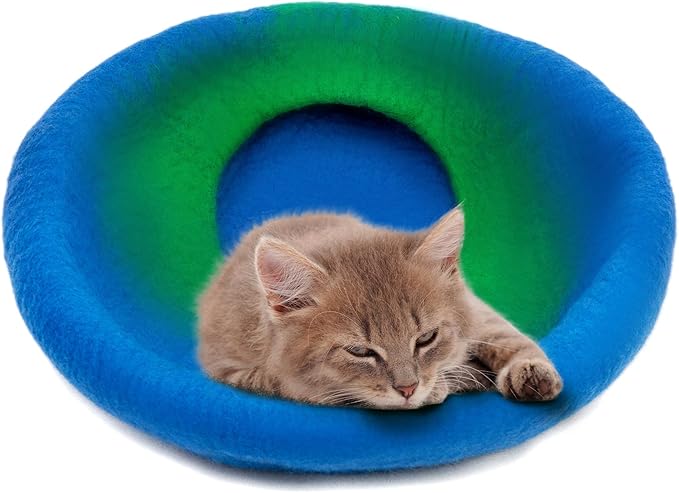 Woolygon Premium Felt Cat Cave Bed – Wool Kitty Beds Handcrafted Kitten Caves Bed for Indoor Cats - Made from 100% Eco-Friendly Merino Wool, Foldable Cat Hidewawy Covered Cat Houses (Emerald Indigo)-Mewly Pet