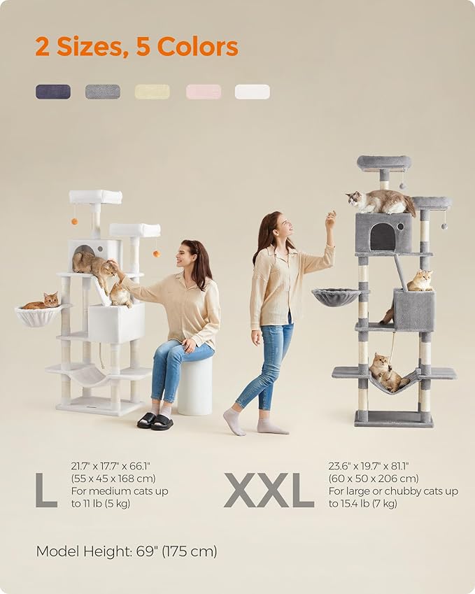 Feandrea Cat Tree, 66.1-Inch Large Cat Tower with 13 Scratching Posts, 2 Perches, 2 Caves, Basket, Hammock, Pompoms, Multi-Level Plush Cat Condo for Indoor Cats, Cream White UPCT165T01-Mewly Pet