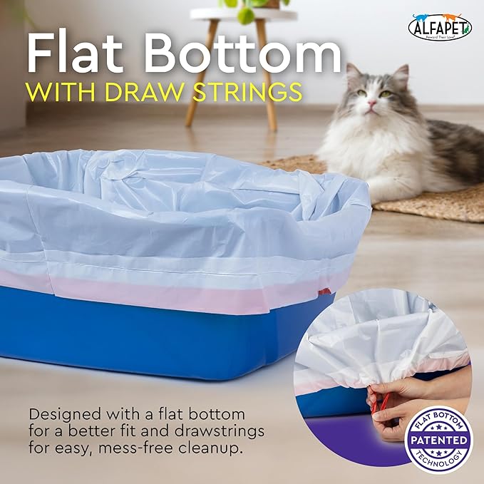 Alfapet Heavy Duty Flat Bottom Cat Litter Box Liners - Extra Giant 15 Count - Tear-Resistant Cat Litter Bags - Kitty Litter Liners for Rectangular Litterbox Pans, 36” x 18” x 2MIL Thick 30 lb Capacity-Mewly Pet