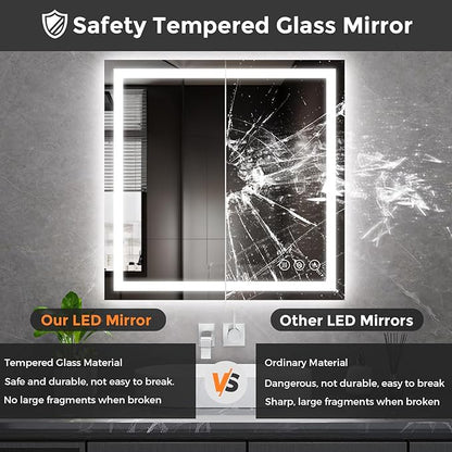 Koonmi 36x36 LED Bathroom Mirror, Backlit + Front Lit, LED Bathroom Mirror with Lights for Wall, 3 Colors, Anti-Fog, Dimmable Brightness, Memory Function, Tempered Glass