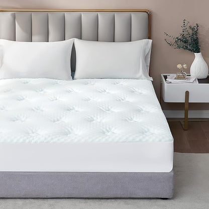 Hansleep Queen Mattress Topper Viscose Derived from Bamboo, Memory Foam Pillow Top Mattress Topper Queen with Deep Pocket, Breathable Mattress Pad for Back Pain Relief, 60" x80", White
