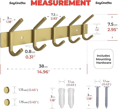 Brushed Gold Wall Mounted Coat Rack – 15 Inch Stainless Steel Rail with 5 Double Coat Hooks for Entryway, Bathroom, Bedroom, Kitchen – Modern Gold Hook Rack for Coats, Hats, Towels