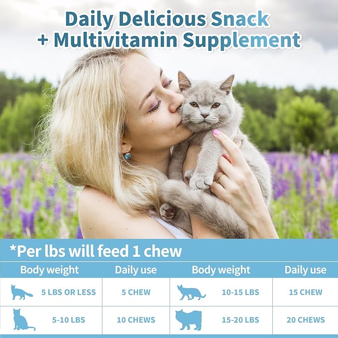 Cat Multivitamin, Crunchy & Creamy Cheese Chew– Supports Energy and Skin & Coat – with Taurine, B-Complex, Zinc Methionine & Selenium Yeast – Daily Health Supplement for Cats of All Ages (500 Chew)-Mewly Pet
