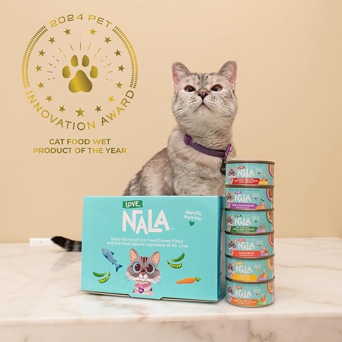 LOVE, NALA - Natural Adult Cat Wet Food - Pate Variety Pack - Tuna, Chicken, Tuna and Salmon - Grain Free, Non-GMO, Fiber Blend, Minerals, Vitamins - 12 Pack 2.1 lbs.-Mewly Pet