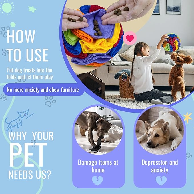Pet Snuffle Ball, Puzzle Sniffing Interactive Dog Ball for Blind Dogs Training Stress Relief Dog Enrichment Toys Treat Machine Washable (Rainbow Color, 10cm)-Mewly Pet
