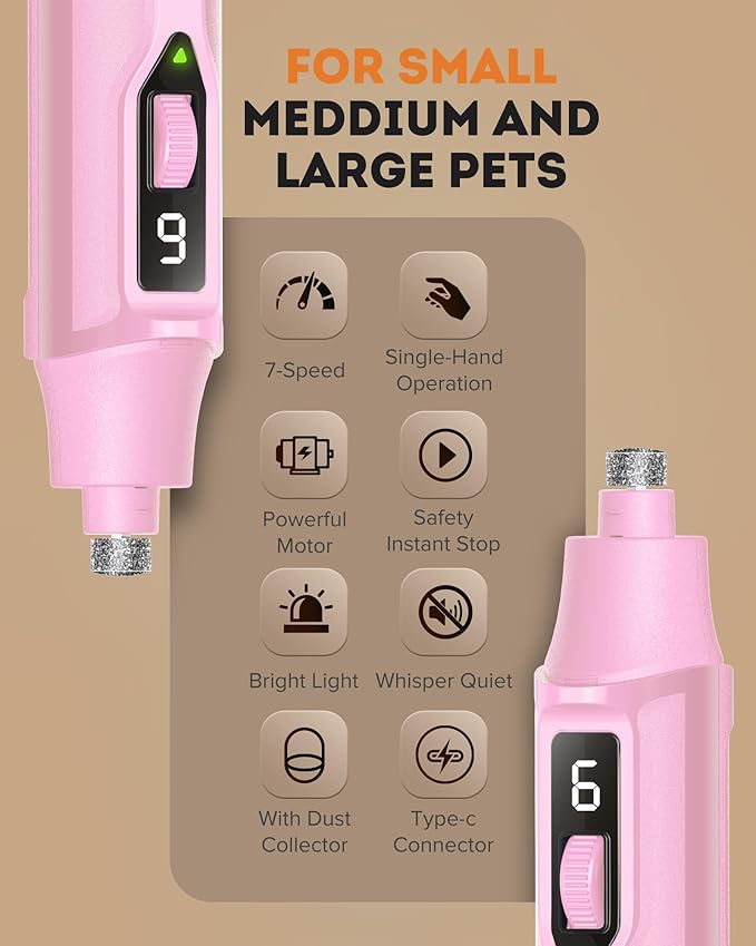 YABIFE 7-Speed Pet Nail Grinder with Light – Heavy Duty, Whisper Quiet Nail Trimmer for Dogs, Cats, Birds & Small Animals – Single-Handed Operation-Mewly Pet