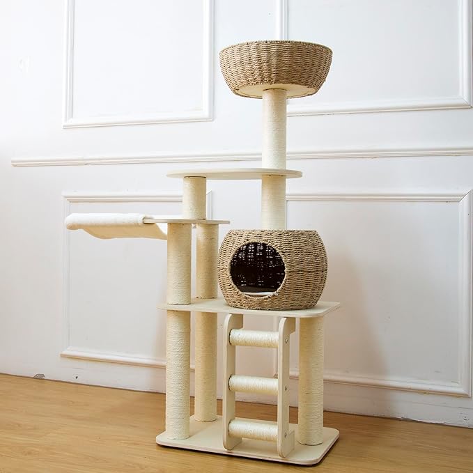 54 Inch Cat Tree for Indoor Cats, Tall Wooden Cat Tower with Scratching Posts, Rattan Condo and Perch, Multi-Level Cat Climber, Stylish Pet Furniture-Mewly Pet