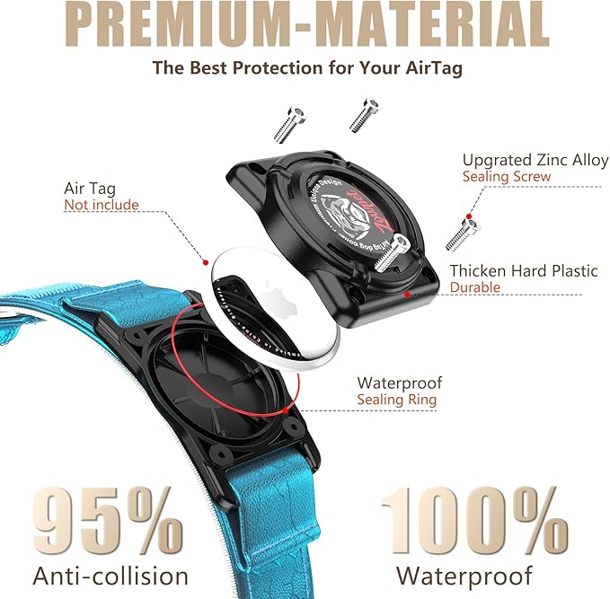 AirTag Dog Collar - Leather Dog Collar with Airtag Holder | IP68 Waterproof AirTag Holder with Metal Buckle, Comfortable GPS Dog Collars Tracker for Medium Large Dogs (Blue, L)-Mewly Pet