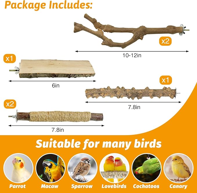 kathson 5pcs Natural Parrot Perch for Cage Wooden Bird Perches Grape Bird Stick Parakeet Climbing Standing Branches Toy Chewable Cage Accessories for Small Budgies Cockatiels-Mewly Pet