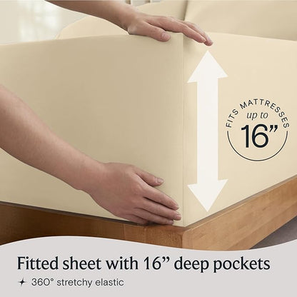 LuxClub 4 PC California King Size Sheet Set Deep Pockets Wrinkle Free Cooling Sheets Machine Washable Hotel Bedding Silky Soft - Cream California King