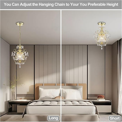 Small Crystal Chandelier for Bedroom, 90% Pre-Assembled 1 Light Gold Chandelier, Mini Acrylic Crystal Ceiling Light Fixture Charming for Girls Room, Closet, Bathroom, Entryway, Dining Room