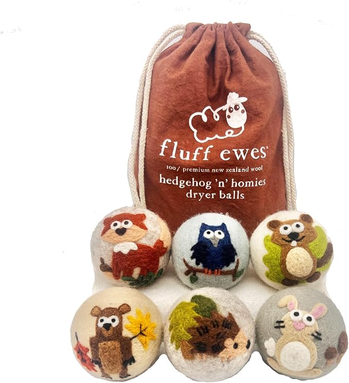 Fluff Ewes Wool Dryer Balls 6 Pack Premium New Zealand Wool Laundry Balls for Dryer, No Static Dryer Balls Laundry Reusable, XL Hedgehog Dryer Balls, Baby Dryer Balls for Dryers - Hedgehog and Homies-Mewly Pet