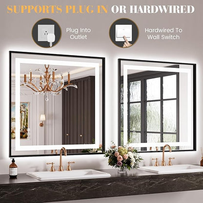 LED Bathroom Mirror,36"x36" Mirror with Black Frame, Front Light and Backlit, Stepless Dimmable, Anti-Fog, Shatter-Proof, Memory, 3 Colors, Double LED Vanity Mirror